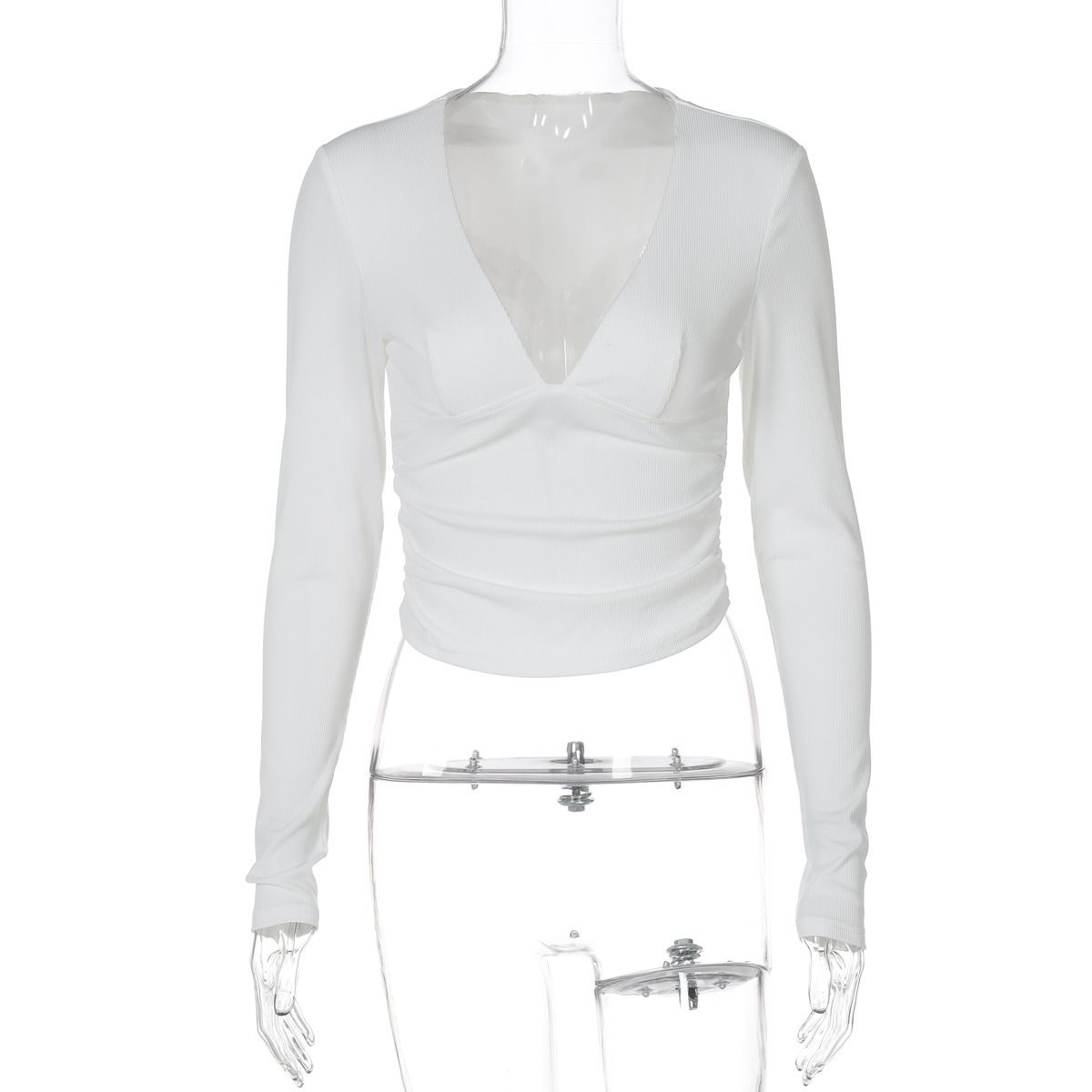 Women's Ribbed Long Sleeve V-Neck Crop Top, Stretchy Slim Fit Basic Tee For Summer Streetwear Versatile Summer Essential_ecoleips.com