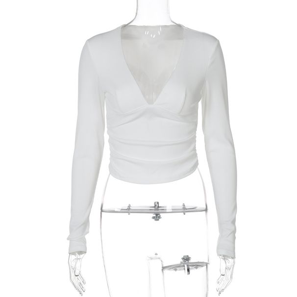 Women's Ribbed Long Sleeve V-Neck Crop Top, Stretchy Slim Fit Basic Tee For Summer Streetwear Versatile Summer Essential_ecoleips.com