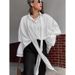 Autumn/Winter Fashionable Commuting Loose-Sleeved Shirt With Ribbon Design, French-Style White Blazer For Women_ecoleips.com
