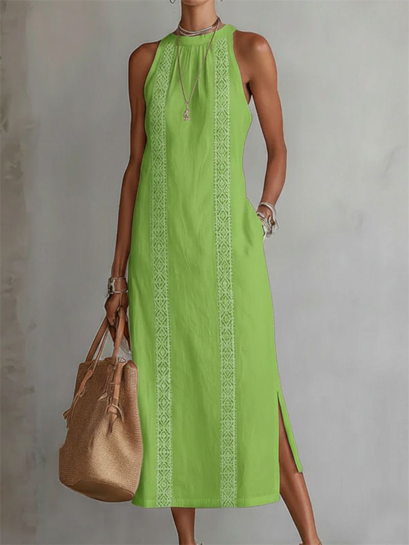 Elegant Halter Neck Lace Trim Sleeveless Dress – Solid Color Summer & Spring Dress For Women (White/Green/Yellow/Black/Blue/Red)_ecoleips.com