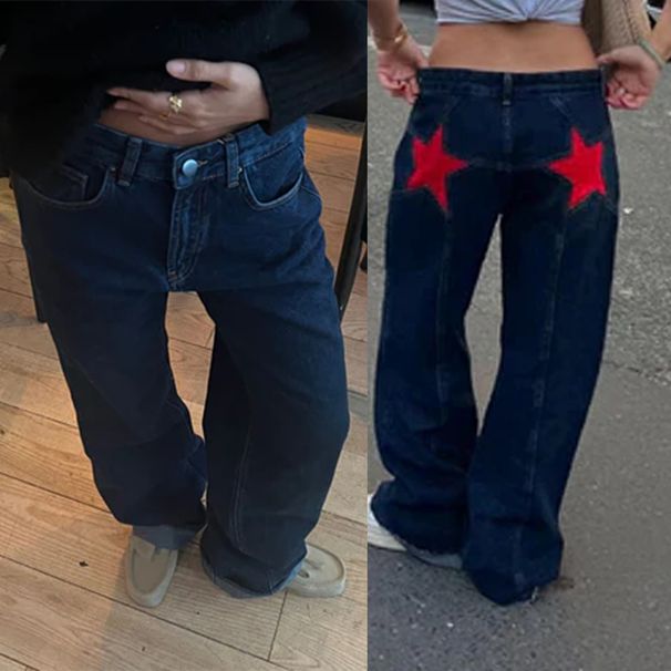 Women's Clothing Retro Five Pointed Star Jeans Contrast Color Stitching Casual Pants_ecoleips.com