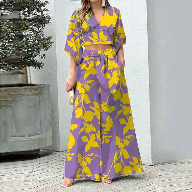 Women's V-Neck Lantern Sleeve Top & High-Waisted Wide-Leg Pants Set – Spring Elegant Casual Outfit (S-3XL) | Polyester Printed Workwear_ecoleips.com