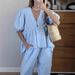 2025 Spring And Summer New Sweet Pure Color Suit Cotton V-neck Top Puff Sleeve Short Sleeve Long Pants Two-piece Suit_ecoleips.com