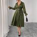 Women's Clothing Plus Size Clothes "Elegant High Waisted Dress – Retro Tie-Waist V-Neck Slimming Dress For Women, Solid Color Versatility"_ecoleips.com