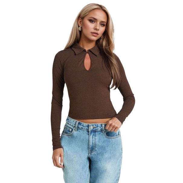 Voya Women's Spring And Summer New Style Sexy Half High Neck Hollow Bottom Wear Long Sleeve Tight Top For Women_ecoleips.com