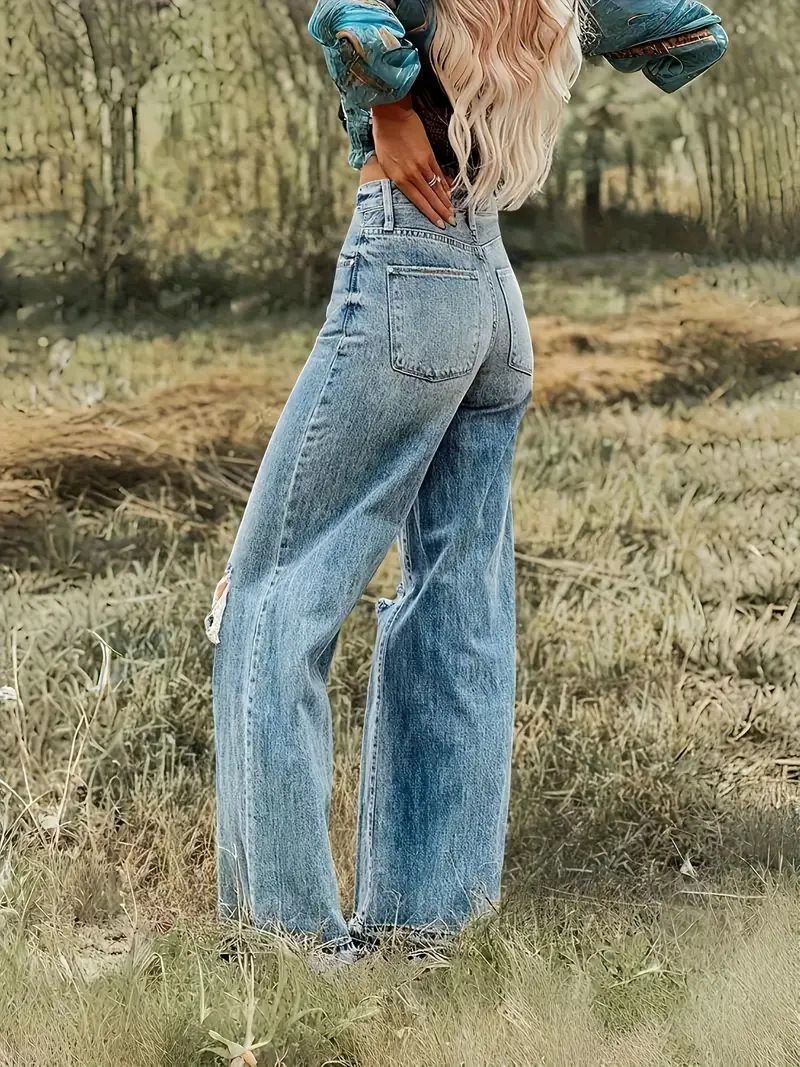 Women's Ripped Wide Leg Stretch Denim Jeans Blue Sky White Cloud Style European American Export Bestseller_ecoleips.com