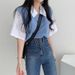Summer Preppy Style Women's Color Block Polo Collar Top Faux Two Piece Short Sleeve T-Shirt Lazy Loose Casual Versatile_ecoleips.com