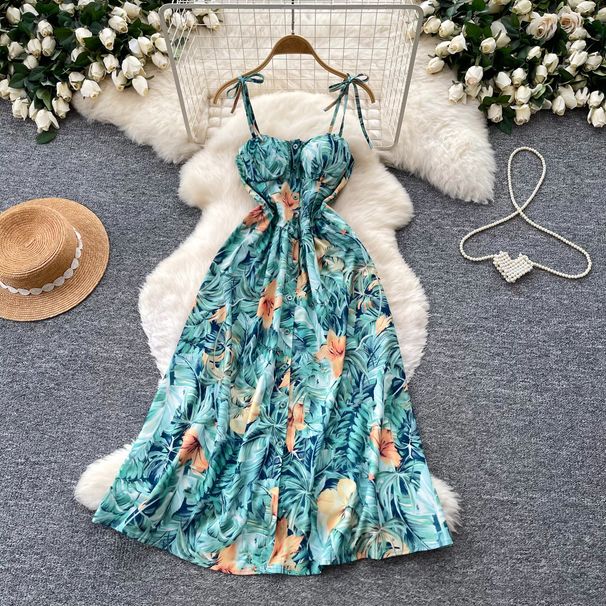 French Style Floral Print Sundress For Women Summer Korean Sleeveless High-Waisted A-Line Slimming Elegant Long Dress_ecoleips.com