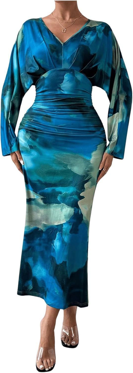 Women's Clothing Autumn New V Neck Pleated Ladies Sexy Slim Bat Sleeve Dress_ecoleips.com