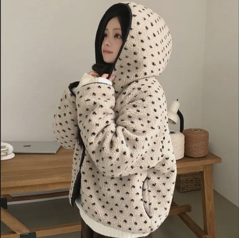 girl Souh Korea Ins Auumn And Winer New Korean Version Hooded Two-sided Design Loose Thickened Lamb Wool Coon Jacke_ecoleips.com
