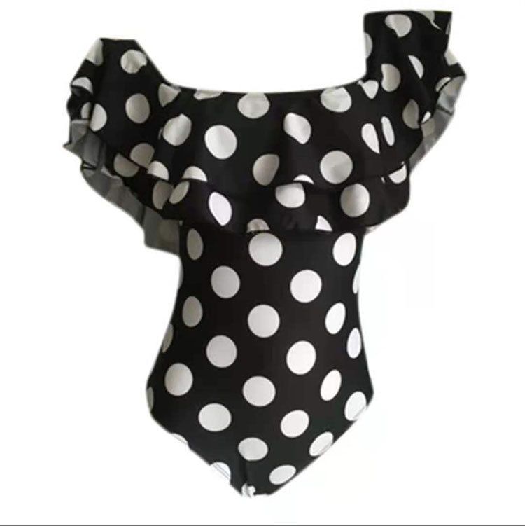 Best-Selling One-Piece Swimsuit – Off-Shoulder Ruffle & High-Leg Cut (L-4XL, Polyester-Chlorofiber, Polka Dot, Built-in Bra)_ecoleips.com