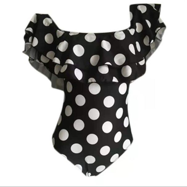 Best-Selling One-Piece Swimsuit – Off-Shoulder Ruffle & High-Leg Cut (L-4XL, Polyester-Chlorofiber, Polka Dot, Built-in Bra)_ecoleips.com