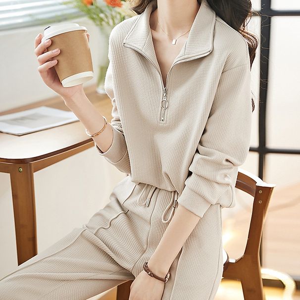 "Women's Casual Polo Collar Tracksuit Set Relaxed Fit Long Sleeve Top & Elastic Waist Pants Autumn Winter Outfit"_ecoleips.com