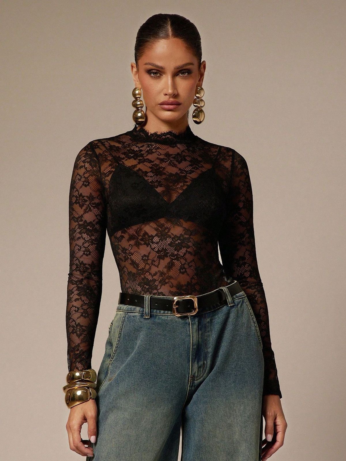 Lace Long-Sleeve Bodysuit For Women – Elegant Stand Collar With Floral Embroidery (Black) – Slim Fit Stretch Lingerie & Layering Piece_ecoleips.com