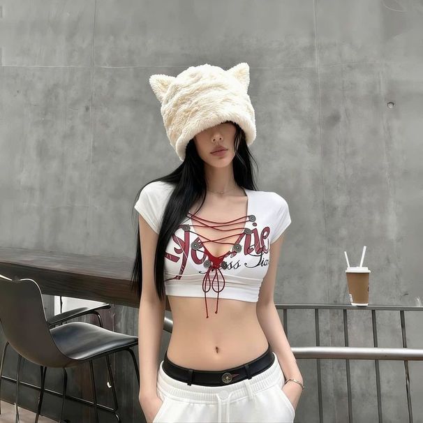 American-style Letter-printed Lace-up Hollow-out Short-sleeve T-shirt For Women, 2026 Spring New Slim-fit Trendy Top_ecoleips.com