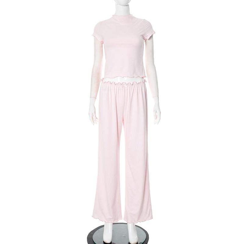 European And American New Summer Women's Fashion Temperament Short Sleeved Navel Baring Top Wave Edge Trousers Suit_ecoleips.com