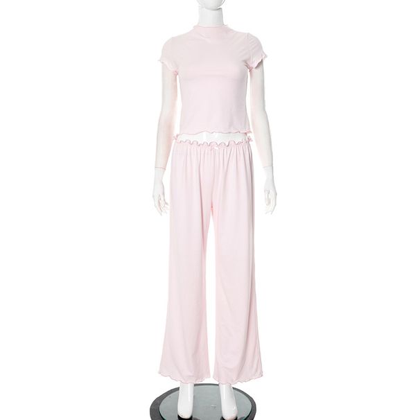 European And American New Summer Women's Fashion Temperament Short Sleeved Navel Baring Top Wave Edge Trousers Suit_ecoleips.com