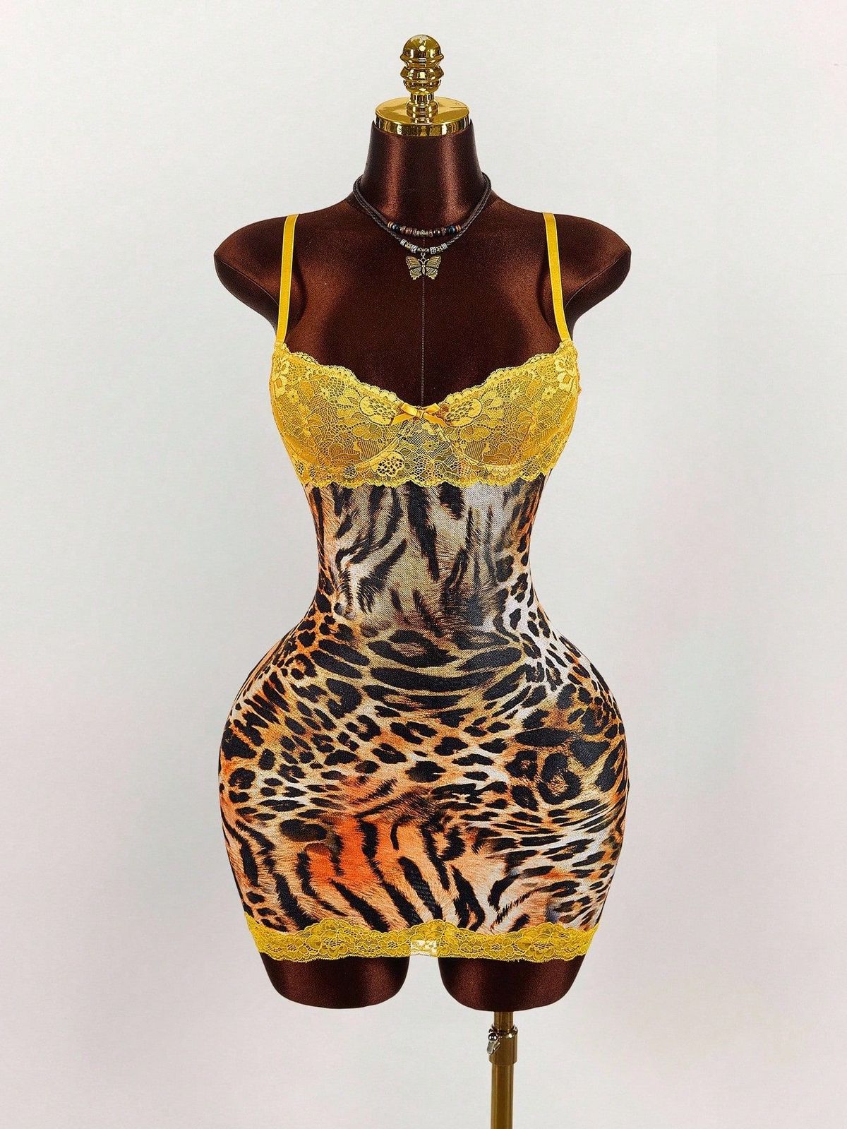 Women's Retro Slim Fit Short Dress Sexy Waist Cinching Printed Deep V Lace Patchwork Fashion Suspender Dress_ecoleips.com