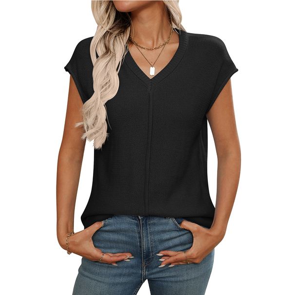Breathable V-Neck Knit Top, Chunky Crochet Summer Sweater For Women, Lightweight Loose Fit Blouse_ecoleips.com