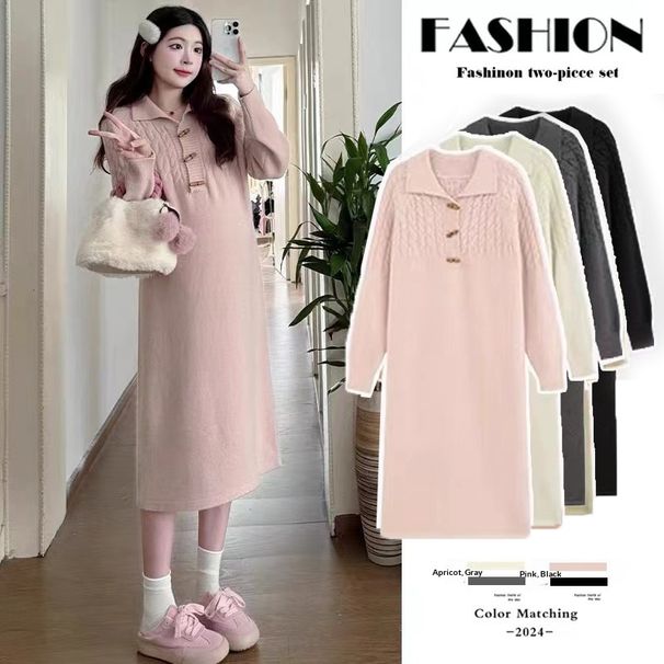 Autumn Winter New Korean Fashion Turn-down Collar Braided Wool Horn Button Maternity Dress_ecoleips.com