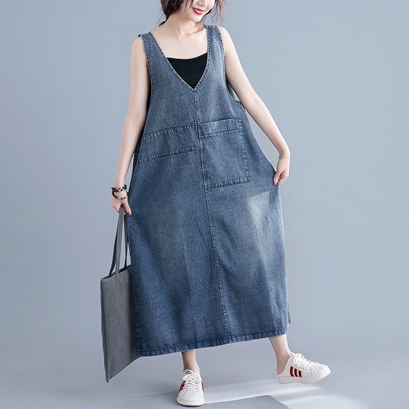 Plus Size Women's Halter Dress Korean Style Spring Summer Mid-Length Loose Slimming Denim Overall With Full Skirt_ecoleips.com