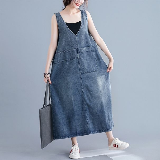 Plus Size Women's Halter Dress Korean Style Spring Summer Mid-Length Loose Slimming Denim Overall With Full Skirt_ecoleips.com