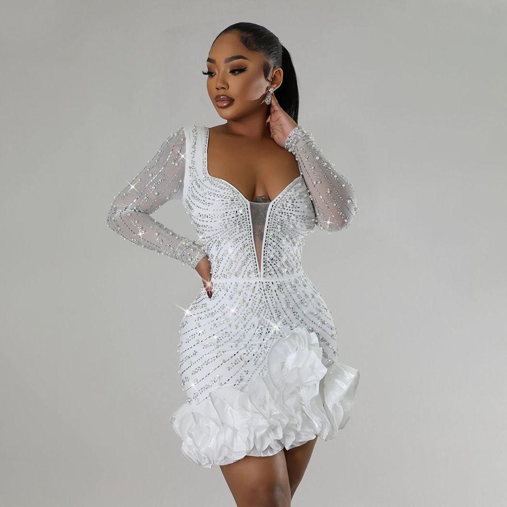 Women's Clothing Fashion Heavy Duty Hot Diamond Beading Ruffle Stitching Sexy Tight Hip Dress_ecoleips.com