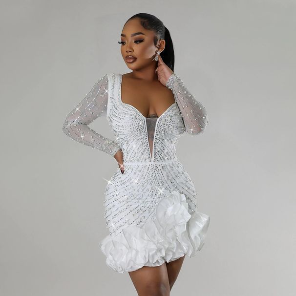 Women's Clothing Fashion Heavy Duty Hot Diamond Beading Ruffle Stitching Sexy Tight Hip Dress_ecoleips.com