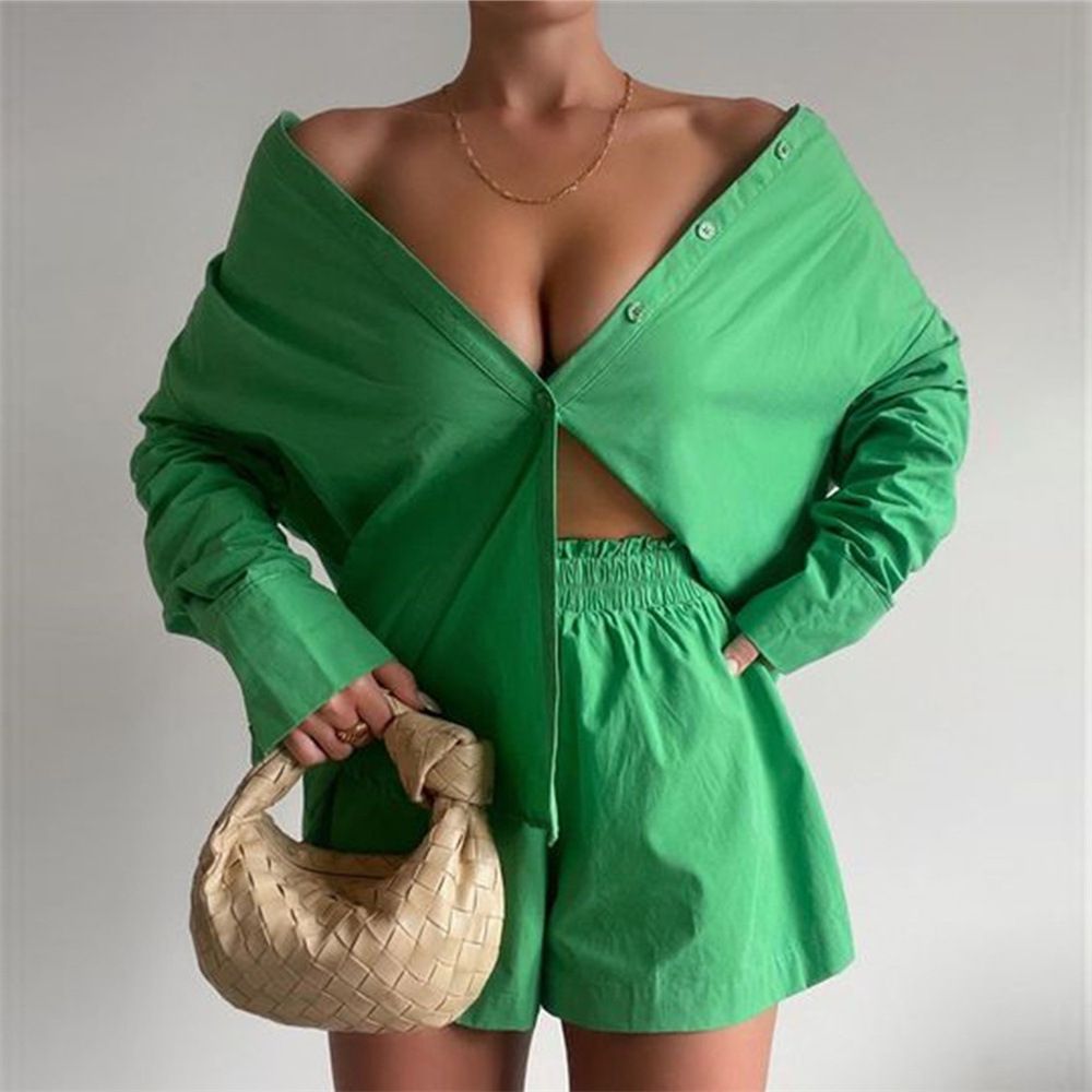 Spring Summer Women's Two Piece Set European American Style Solid Color Long Sleeved Collared Shirt And Shorts Loose Fitting Casual Fashionable Suit_ecoleips.com