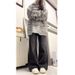 Black And Gray Non-tight Jeans Women, New Plus-size High-waisted, Hip-covering, Drapey, Slightly Flared Wide-leg Pants_ecoleips.com