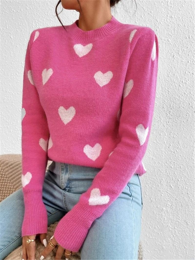 Women's Clothing New Heart Shaped Pattern Loose Round Neck Knitted Pullover Sweater_ecoleips.com