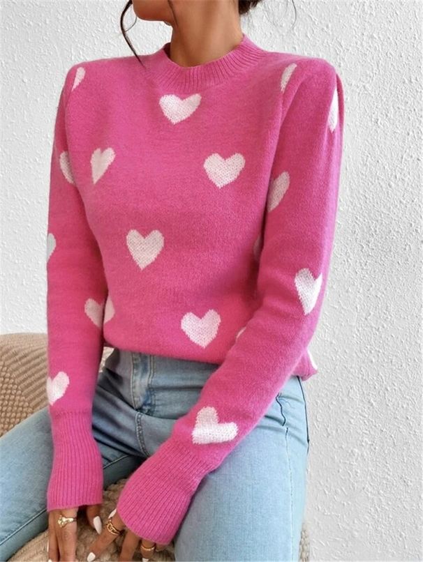 Women's Clothing New Heart Shaped Pattern Loose Round Neck Knitted Pullover Sweater_ecoleips.com