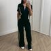Women's Commuter Casual Two Piece Set Zippered Short Sleeve Top Elastic Waist Straight Leg Pants With Pocket_ecoleips.com