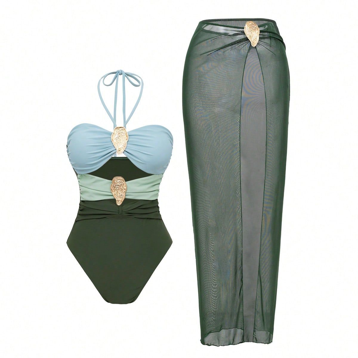 Women's Halterneck One-Piece Swimsuit With Wrap Skirt, Tummy Control Swimdress With Built-In Bra For Beach & Resort_ecoleips.com