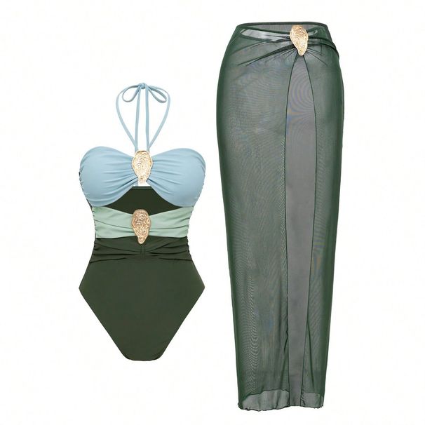 Women's Halterneck One-Piece Swimsuit With Wrap Skirt, Tummy Control Swimdress With Built-In Bra For Beach & Resort_ecoleips.com