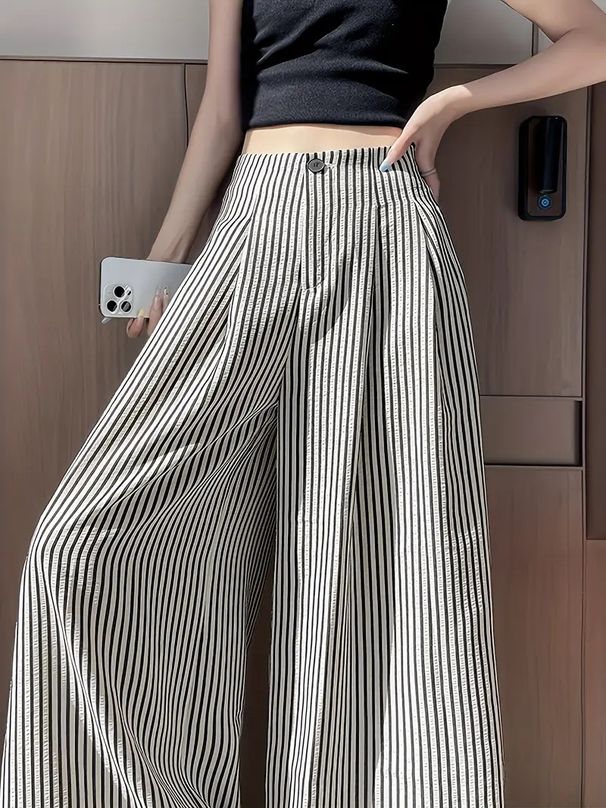 High-Waisted Japanese Style Striped Suit Pants Women's Loose Fit Straight Leg Slimming Wide Leg Design_ecoleips.com