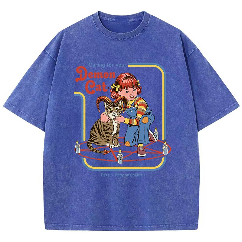 Caring For Your Demon Cat Printing Wash Tshirts Women Street Hip Hop Clothes Cotton Breathable Short Sleeve Summer Soft T-Shirt_ecoleips.com