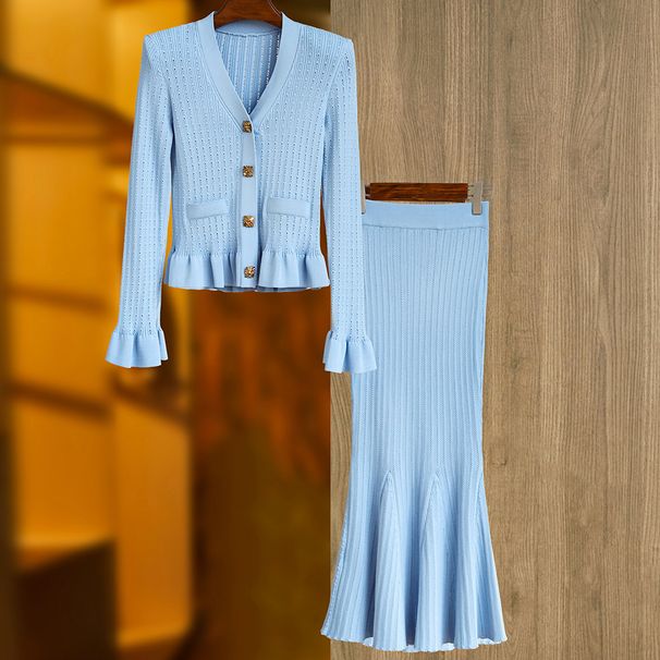 Women's Clothing Waist Flared Sleeve Knitted Top + Fishtail Hip Skirt Two Piece Skirt Suit_ecoleips.com