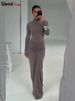 Weird Puss Hipster Ruched Dress Women O-NeckFull Sleeve Skinny Stretch Robe Autumn Trend Simple Classic Pleats Long Bodycon_ecoleips.com