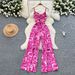 Women's Clothing Holiday Beach Pants Summer Mature Style Age Reducing Swing Collar Suspenders Waist Printed Jumpsuit Casual Trousers_ecoleips.com