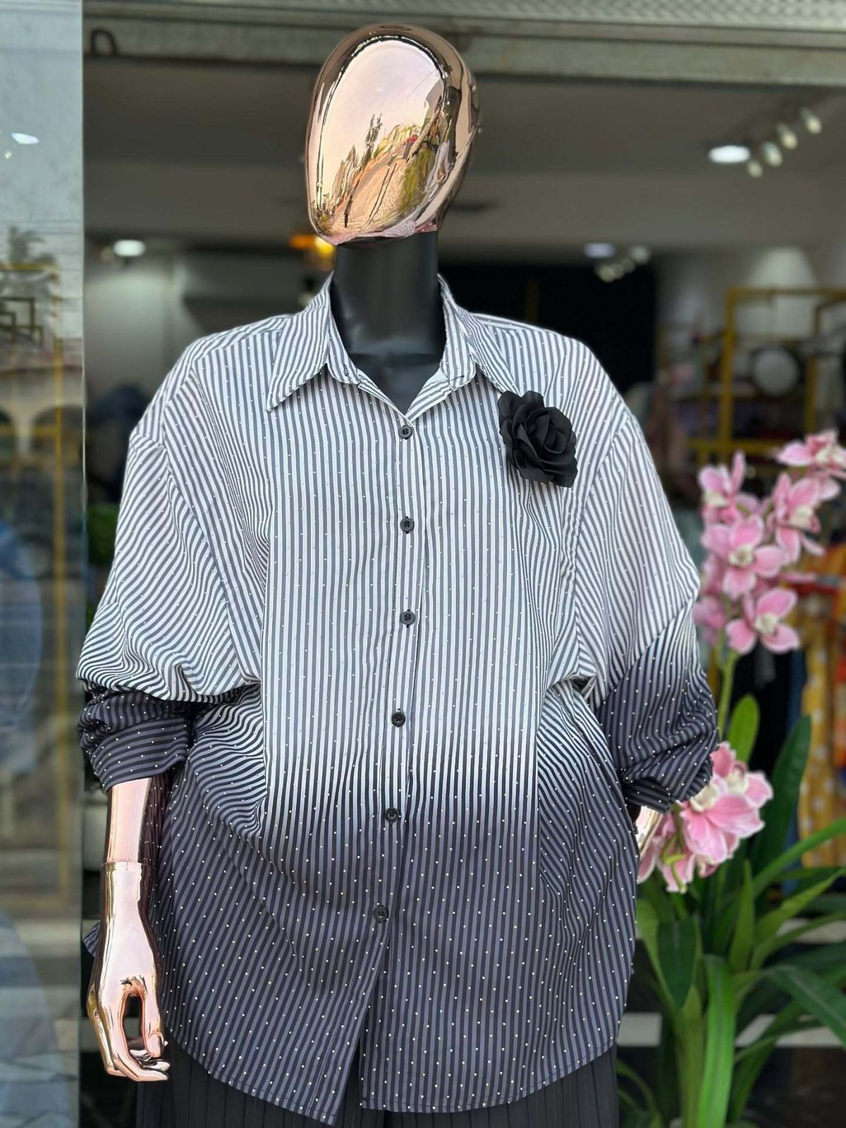 Ombre Dye Long Sleeve Stripe Shirt For Women | Loose Fit Blouse With Rhinestone Embroidery And Detachable Brooch_ecoleips.com