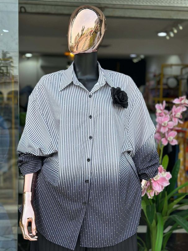 Ombre Dye Long Sleeve Stripe Shirt For Women | Loose Fit Blouse With Rhinestone Embroidery And Detachable Brooch_ecoleips.com