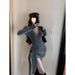 American Syle Spicy Girl Elegan Slim Fi Collar Long Sleeve Jumpsui Women Winer Tie Wais Bodycon Skir Two-Piece_ecoleips.com