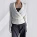 Women's V-Neck Knit Sweater Korean Style Slim Fit Long Sleeve Pullover Soft Ribbed Waist Crossover Design_ecoleips.com