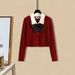 Women's Clothing Elegant Bow-Knot Red Sweater With Casual Pants Two-Piece Set, Autumn Women's Outfit, Chic And Stylish_ecoleips.com