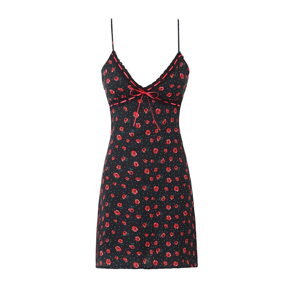 24 Summer New Women's European And American Style Sexy Hot Girl V-neck Rose Floral Waist-Cinching Drawstring Strap Dress_ecoleips.com