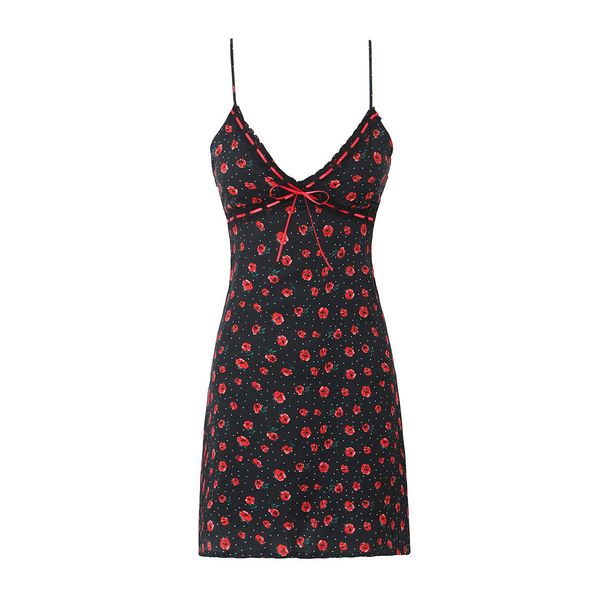 24 Summer New Women's European And American Style Sexy Hot Girl V-neck Rose Floral Waist-Cinching Drawstring Strap Dress_ecoleips.com