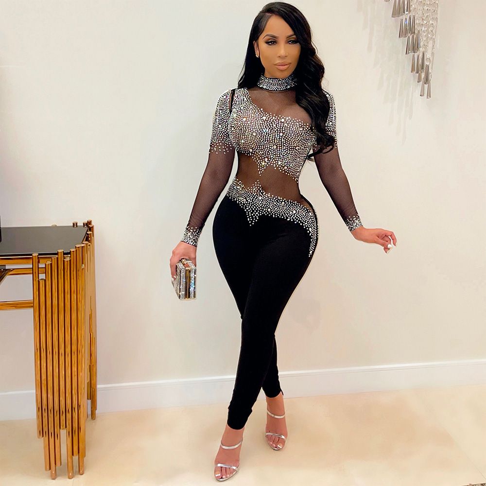 Women's Clothing Fashion Sexy Mesh See Through Hot Diamond Trousers Long Sleeved Jumpsuit For Women_ecoleips.com