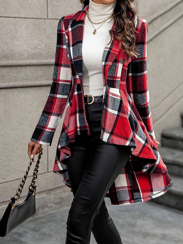 Women's Elegant Plaid Button Front Jacket Long Sleeve High Low Flared Design Spring/Autumn_ecoleips.com