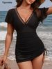 Vigoashely 2026 Summer Black Mesh Monokini Swimwear Women Short Sleeve One Piece Swimsuit Lady Backless Beach Dress Bathing Suit_ecoleips.com